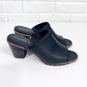 SOREL Nadia Black Leather Mule with block heel rubber lug sole